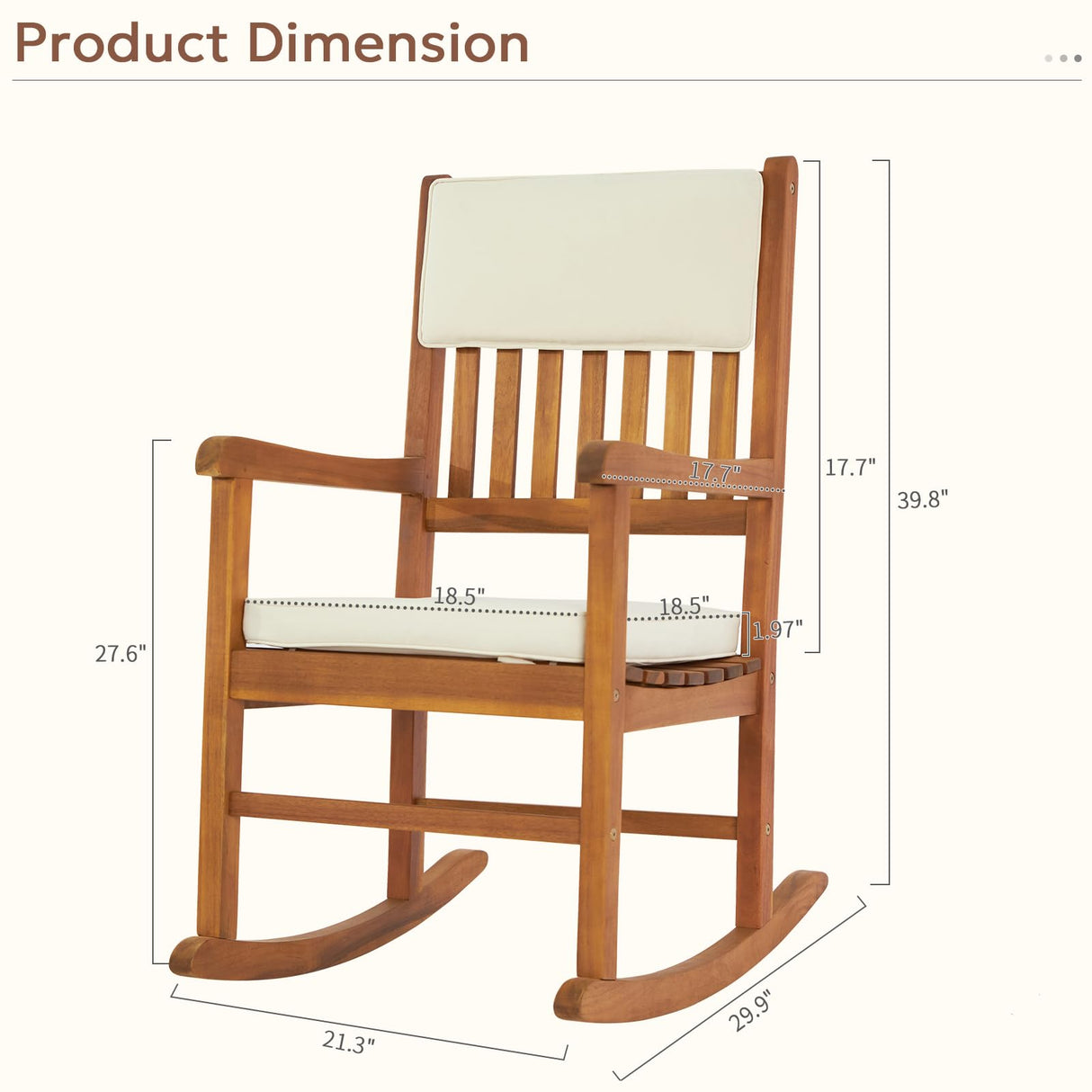 VINGLI Acacia Outdoor Rocking Chair with Cushions, Wooden Rocker Support 550 LBS for Indoors & Outdoors, 1 Pack VINGLI