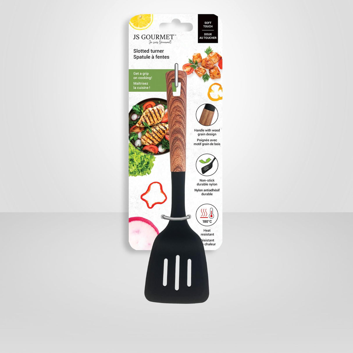 JS Gourmet Soft Touch Nylon Slotted Turner with Wood Grain Handle and Hanging Hole, Heat Resistance, Non Stick Flexible Flipper Spatula, for Flipping Pancakes, Fish, Eggs and More JS Gourmet