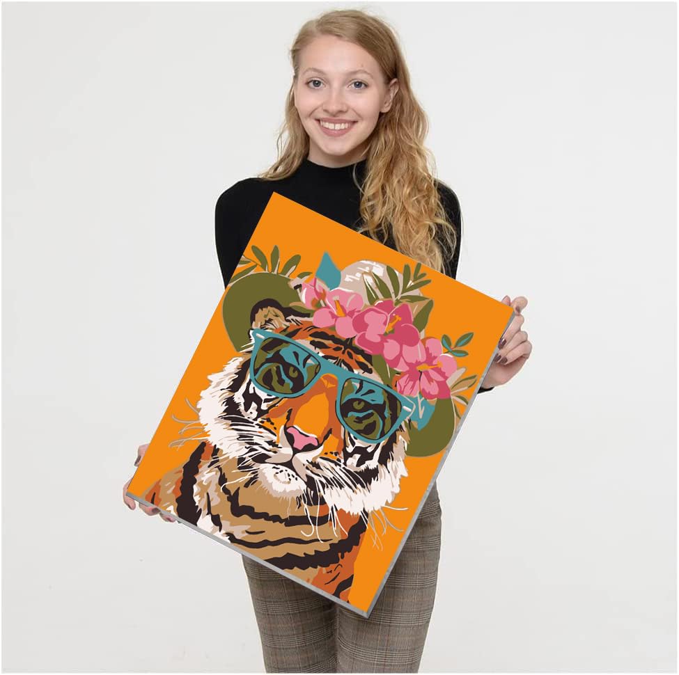 Tiger Paint by Numbers kit for Adults Framed Canvas - with Wooden Easel and Nice Box,Adults' Paint-by-Number Kits Animal DIY Acrylic Oil Painting for Home Wall Decor 7.8x11.8inch Kaixine