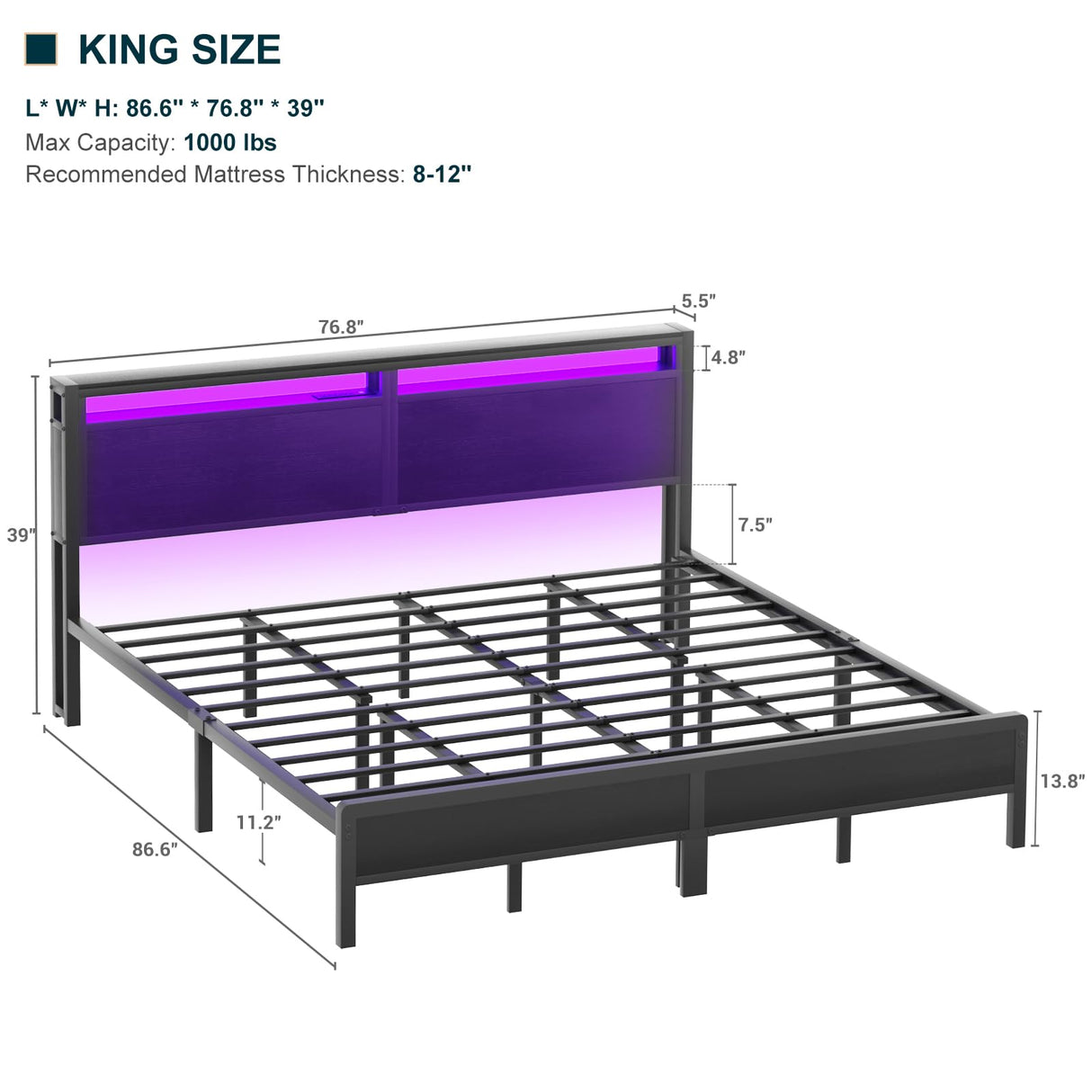 Homieasy Industrial King Size Bed Frame with Smart Charging Station and LED Lights Homieasy