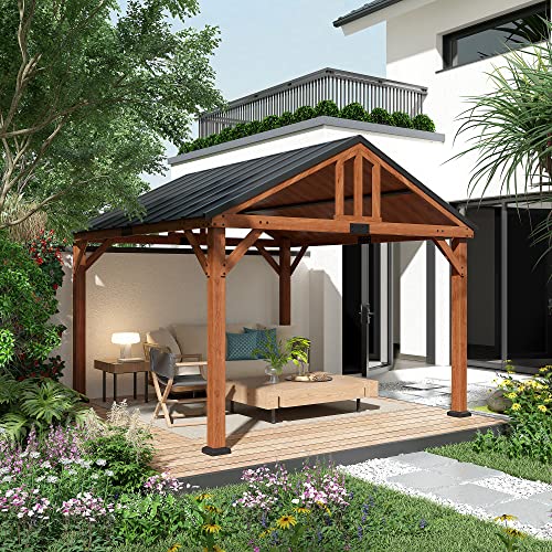 Outsunny 11' x 12' Hardtop Gazebo with Wooden Frame and Waterproof Asphalt Roof, Permanent Pavilion Gazebo Canopy, for Garden, Patio, Backyard, Deck, Porch, Brown Outsunny