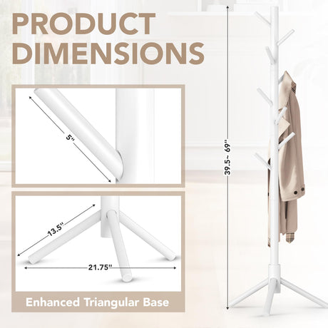 Hupmad Wooden Tree Coat Rack Stand,Sturdy Freestanding Coat Rack with 8 Hooks,3 Adjustable Height for Child Adult,Wood Coat Stand Tree Fits Entryway Bedroom Office for Bags,Hats Hupmad