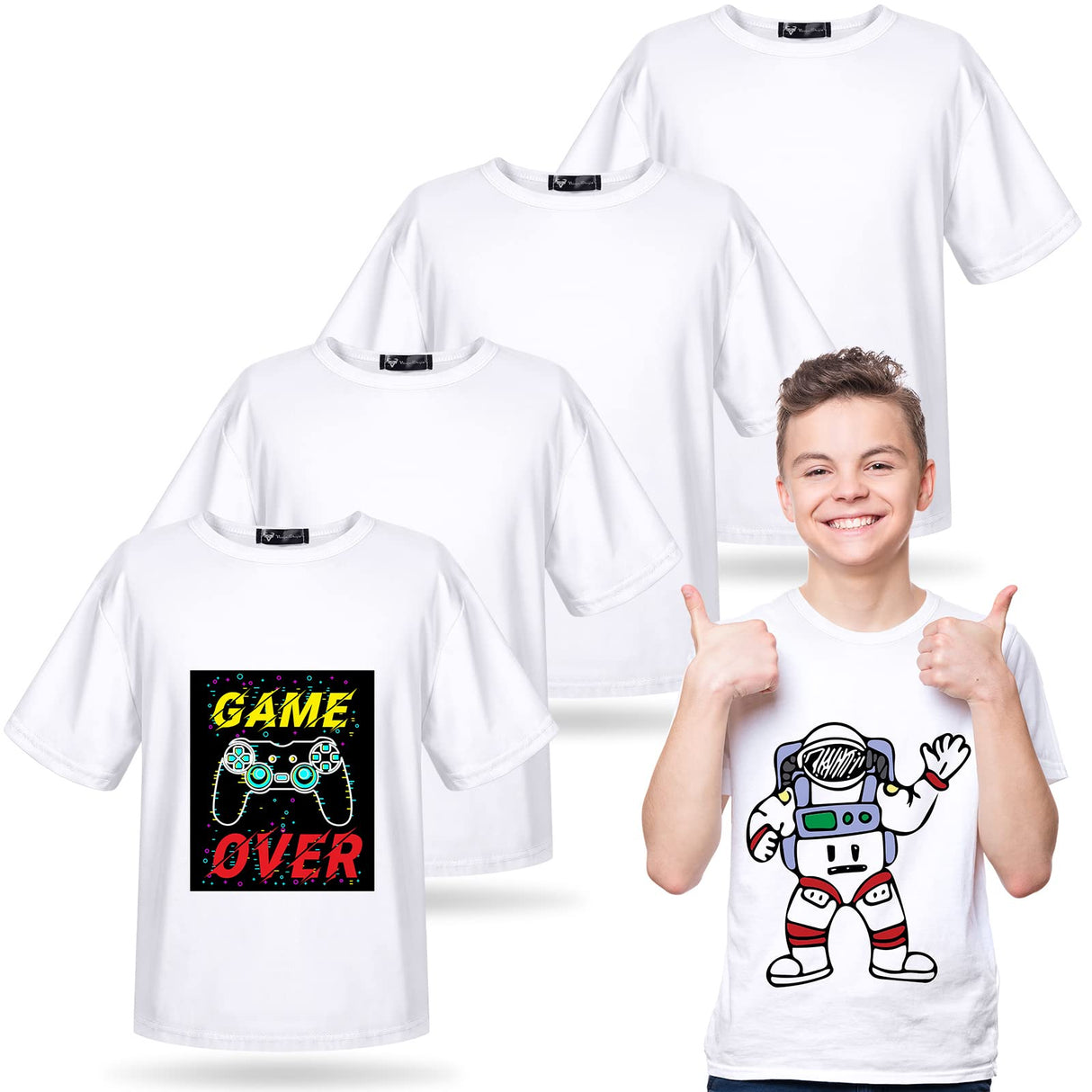 5 Pack Youth Sublimation Blank T Shirt White Polyester Shirts Crew Neck Short Sleeve Sublimation T Shirt (Medium) Tarpop