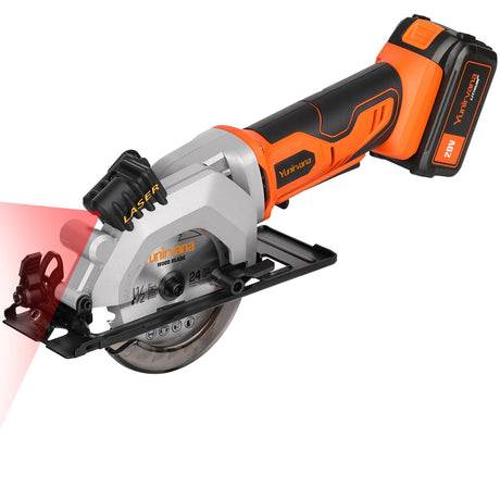 Yunirvana Mini Circular Saw, DC20V 4-1/2" Cordless Circular Saw with 4.0Ah battery, Laser Guide, Rip Guide, 2 Pcs Blades(24T+ 60T), 3400RPM, Max Cutting Depth 1-11/16"(90°), 1-1/8"(45°) Yunirvana