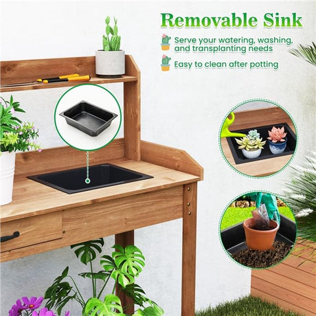 ARNOT Potting Bench,Outdoor Potting Bench Table with Sink and Storage Shelves, Wooden Garden Workstation for Gardening Tools, Planting, and Repotting – Natural Fir Wood (38" x 17" x 50") ARNOT