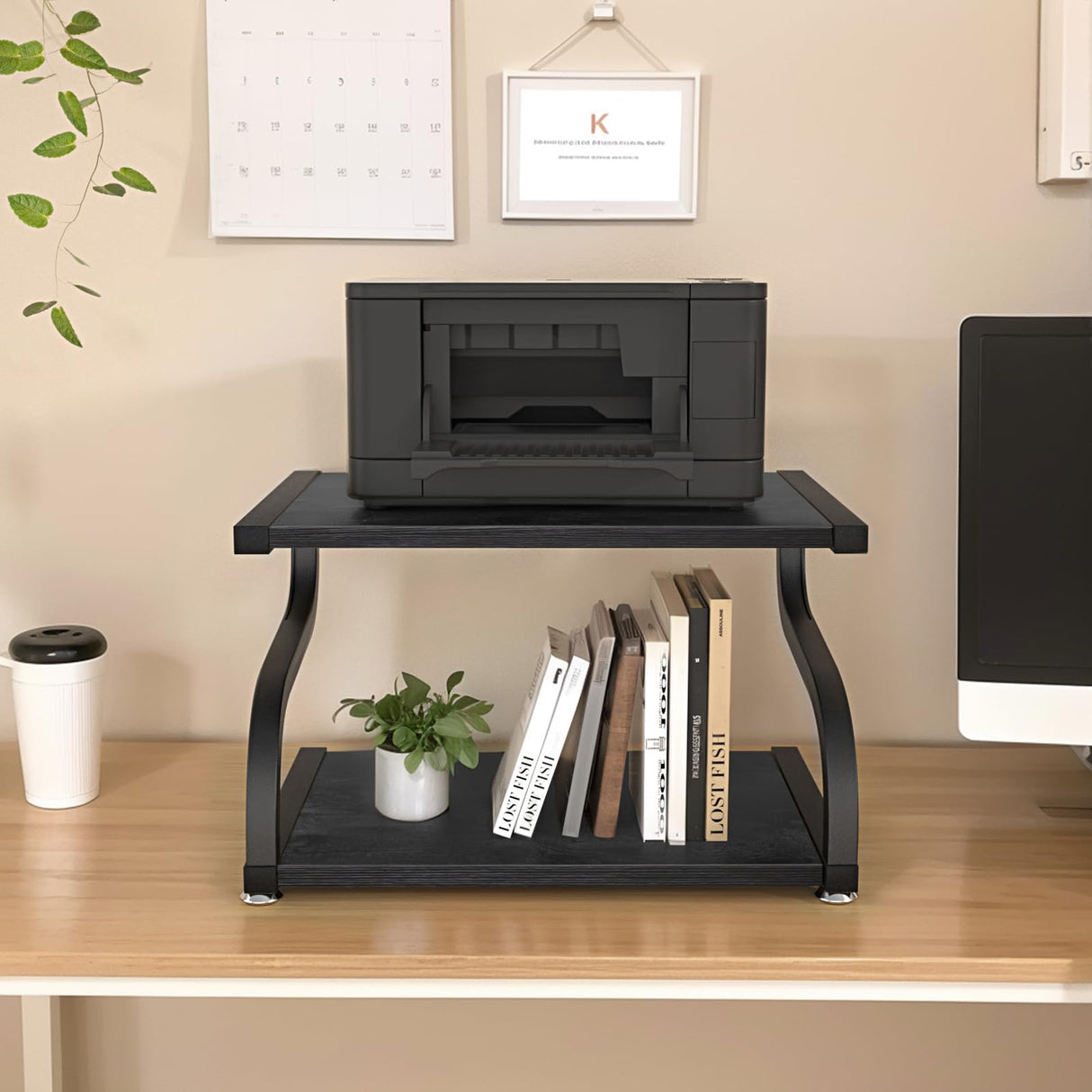 URLINE Printer Stand with Storage 2 Tier Desktop Shelf Printer Table Organizer Anti-Slip Heavy Duty Modern Wooden Shelf for Office Home,Black URLINE