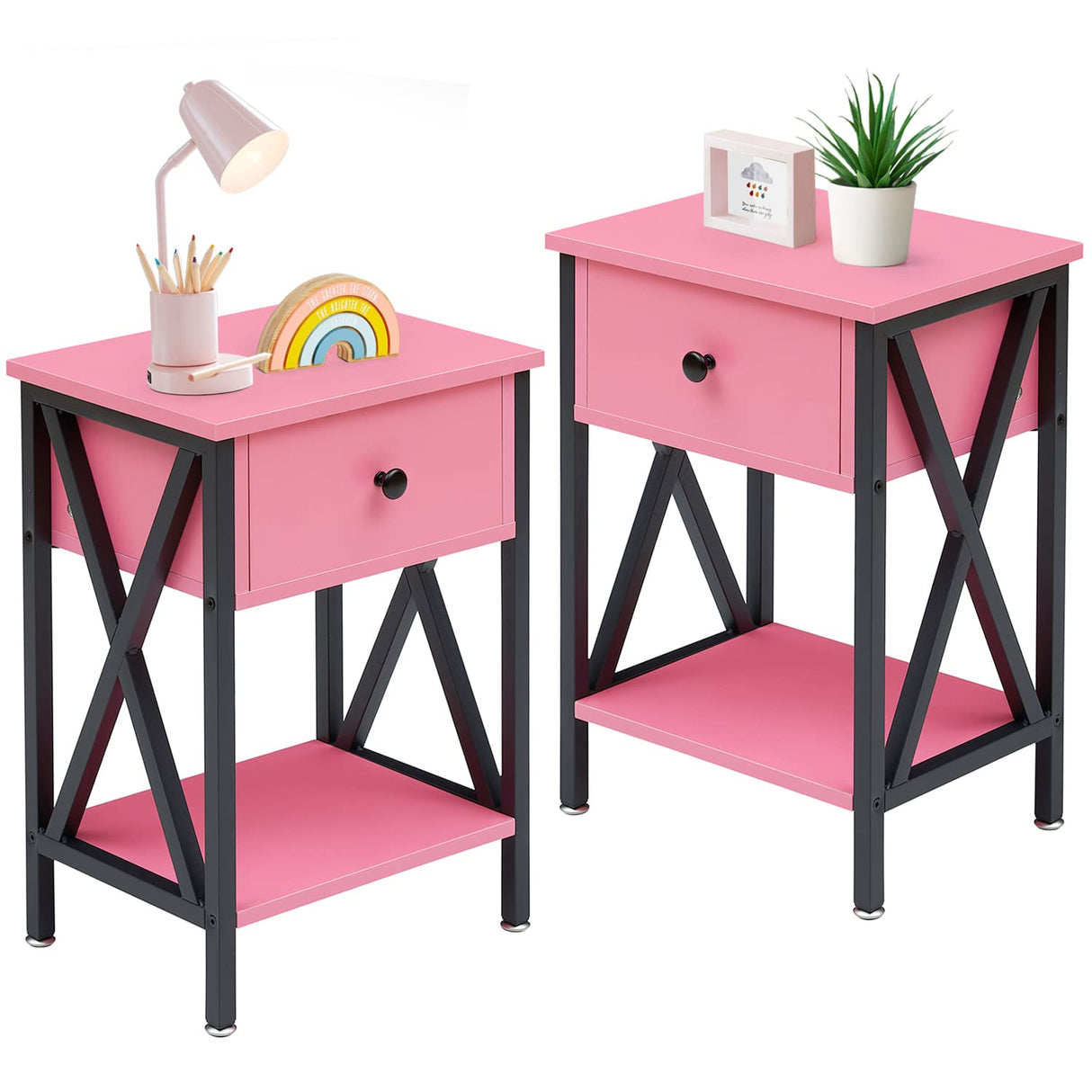 VECELO Nightstands Set of 2, Modern Bedside End Tables, Night Stands with Drawer and Storage Shelf for Living Room Bedroom, Industrial Metal Frame VECELO