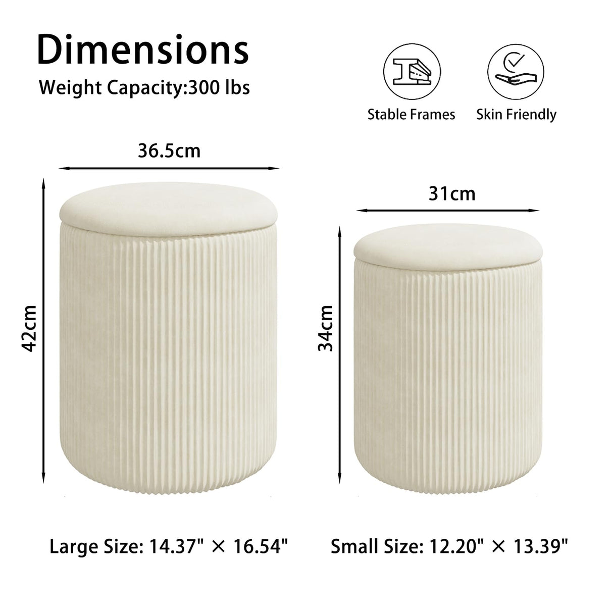 VENDORZ Round Ottoman Vanity Stool with Storage Set of 2, Beige Velvet Round Ottoman with Storage, Multifunctional Round Storage Ottoman Foot Rest, Storage Ottoman Round with Storage for Living Room VENDORZ