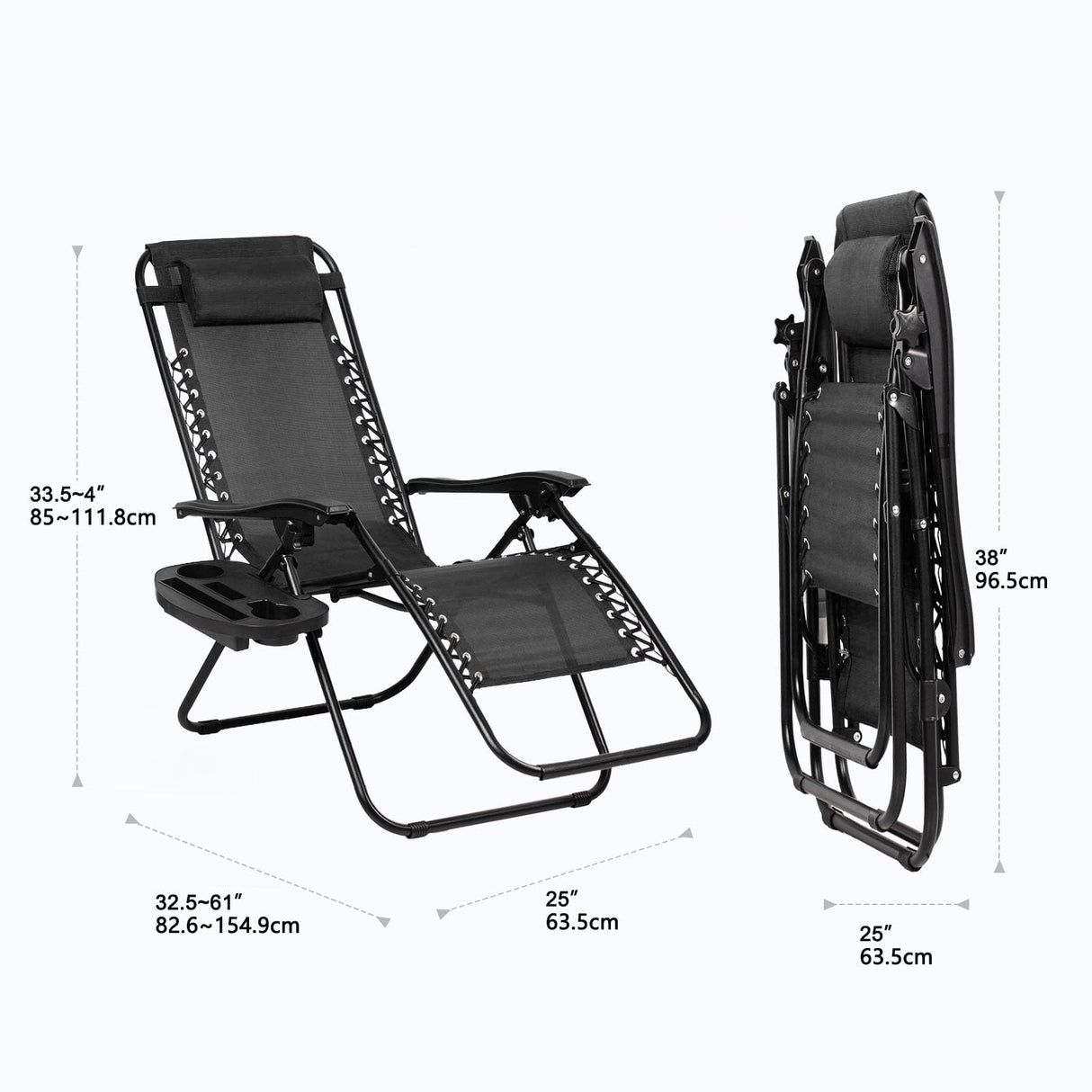 Nazhura Set of 2 Relaxing Recliners Patio Chairs Adjustable Steel Mesh Zero Gravity Lounge Chair Beach Chairs with Pillow and Cup Holder Black Nazhura