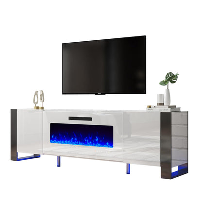 LUXOAK U-Shaped Legs 70" Fireplace TV Stand, Mirrored Finish Media Console with 36" Electric Fireplace, Modern LED Lights Storage Entertainment Center for TVs Up to 80", All White - WoodArtSupply