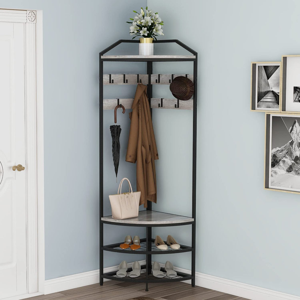 GiftGo Grey Corner Hall Tree with Shoe Bench Entryway Coat Rack with 10 Metal Movable Hooks Rustic Farmhouse Floorstanding Clothes Rack Shoes Shelf Organizer for Home Office Bedroom (Greige) GiftGo
