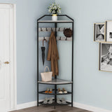 GiftGo Grey Corner Hall Tree with Shoe Bench Entryway Coat Rack with 10 Metal Movable Hooks Rustic Farmhouse Floorstanding Clothes Rack Shoes Shelf Organizer for Home Office Bedroom (Greige) GiftGo