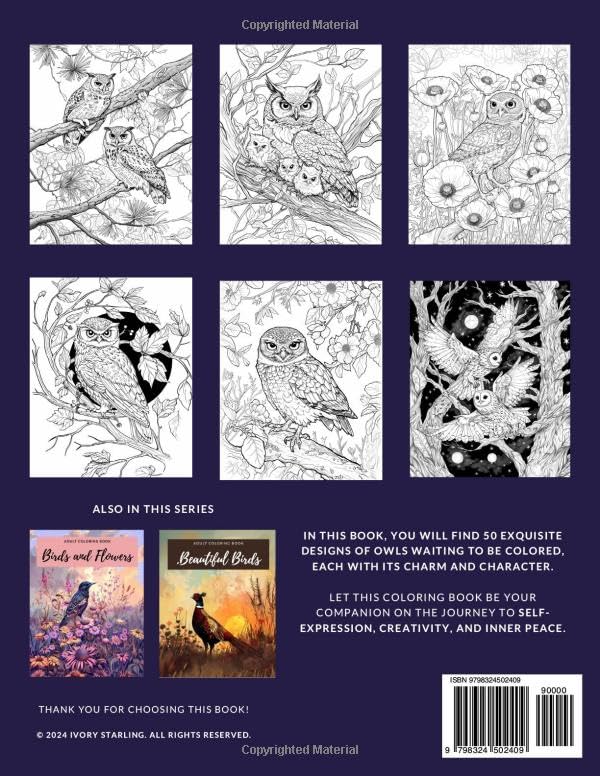 Charming Owls Adult Coloring Book: 50 Designs for Mindfulness, Calmness, and Anxiety Relief (Birds Coloring Books) Majosta