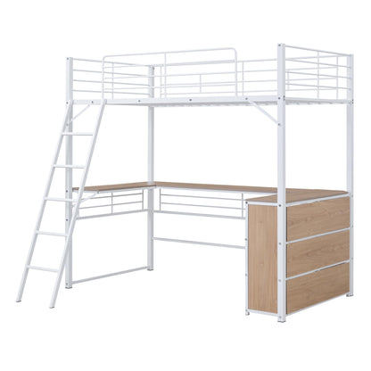 Metal Twin Size Loft Bed with L-Shaped Desk,Heavy Duty Loft Bed with 3 Tier Shelves for Kids Teens Adults,Loft Bed Twin Size with Storage, High Loft Bed Frame, Space Saving,White