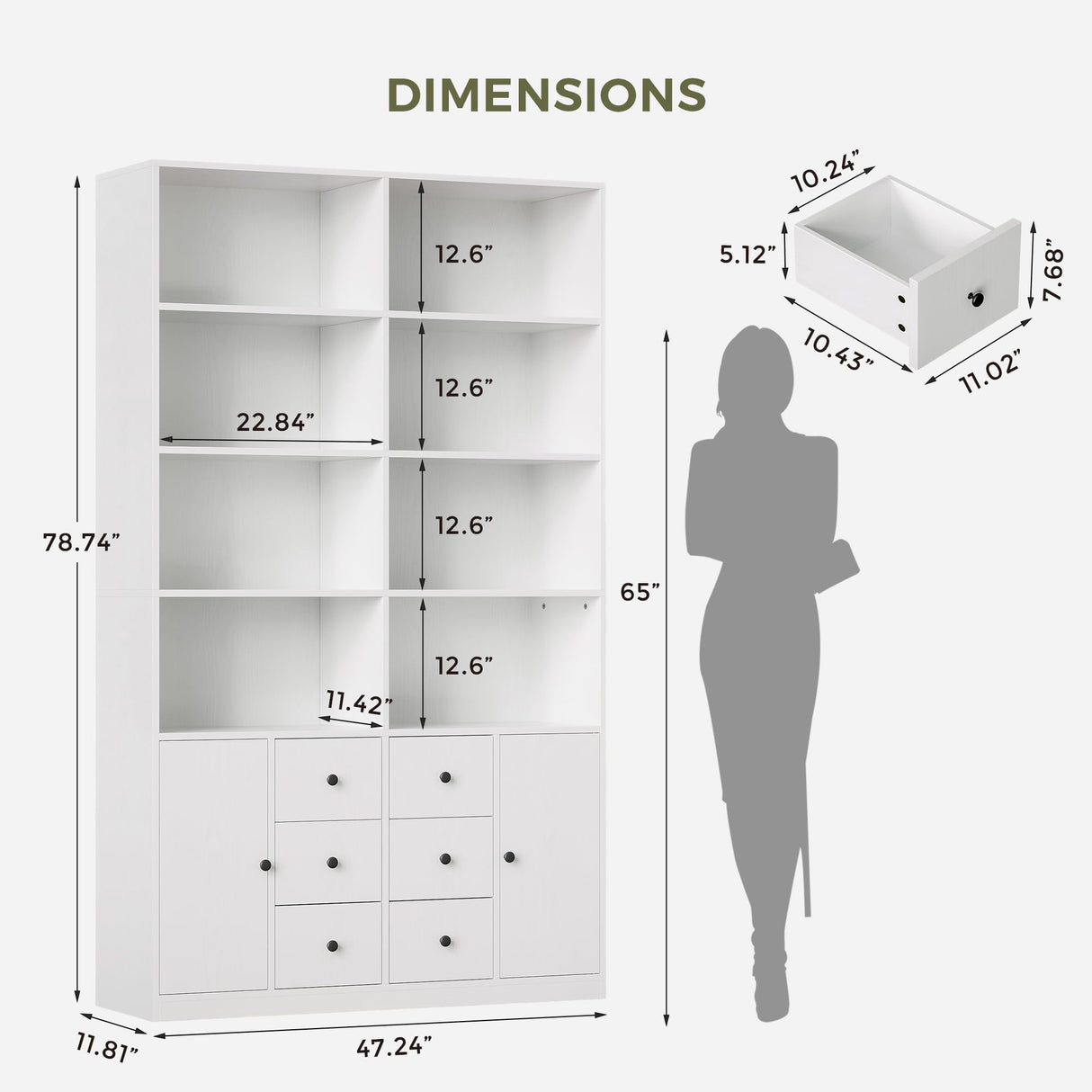 IRONCK 78.7" Bookcase with 6 Drawers, 6 Tier Large Bookshelf with 2 Doors, Large Bookcase with Adjustable Shelves, Tall Storage Cabinet for Home Office, Living Room, White IRONCK