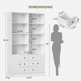 IRONCK 78.7" Bookcase with 6 Drawers, 6 Tier Large Bookshelf with 2 Doors, Large Bookcase with Adjustable Shelves, Tall Storage Cabinet for Home Office, Living Room, White IRONCK