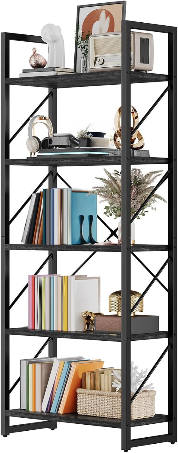 DWVO 5 Tier Bookshelf, Industrial Bookshelves Open Shelf Bookcase, Storage Shelves Organizer Display Rack for Bedroom,Living Room,Office,Kitchen, Charcoal Gray DWVO