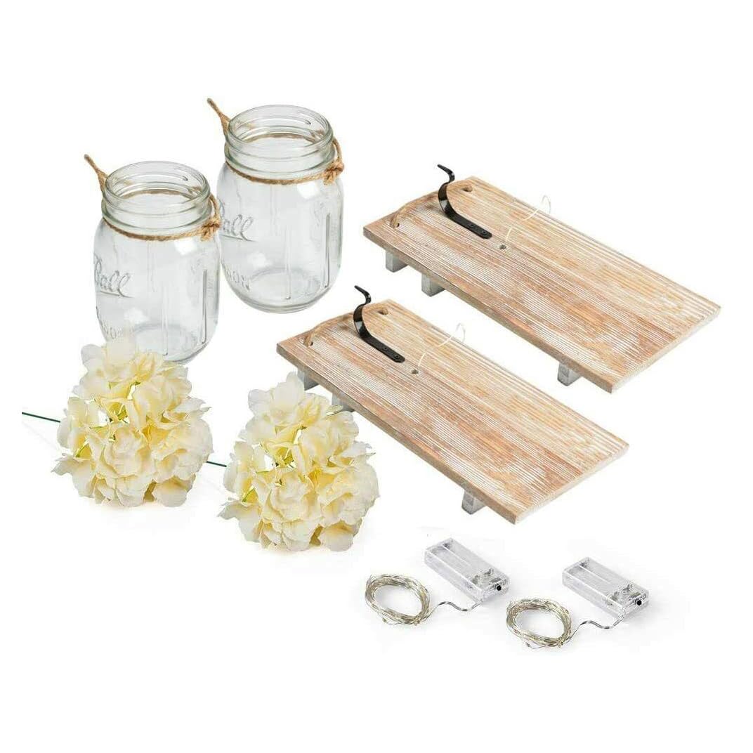 Rustic Mason Jar Wall Decor Sconces with LED Fairy Lights -Battery Cordless Wall Sconces, Farmhouse Wall Decor with Silk Flowers, Perfect for Bedroom, Kitchen, Bathroom, and Home Decor (Set of 2) Muasdae