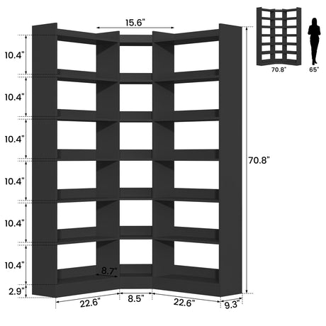 Semoic 70.8" Tall Corner Bookshelf, 7 Tiers Large Etagere Bookcases with Baffles, L-Shaped Modern Storage Display Rack Industrial Bookshelves for Bedroom, Home Office, Living Room & Kitchen, Black Semoic