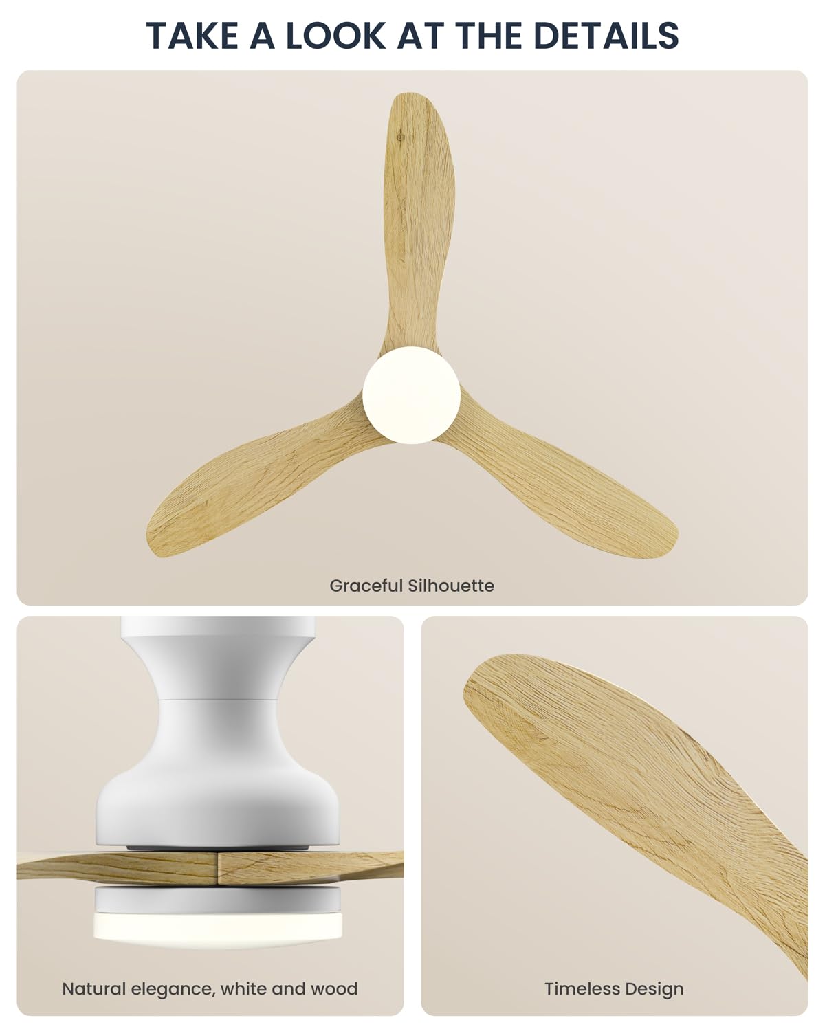 Frstem Leah 52" Solid Wood Ceiling Fan with Light & Remote Control, Flush Mount 3 Blades 6-Speed Ceiling Fan Fixture, Low Profile for Kitchen Bedroom Living Room Indoor (Natural Wood Color & White) Frstem