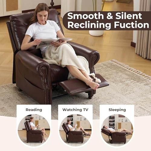 Push Back Recliner Chair with Massage and Heat, Breathable Leather Recliner Chair with Overstuffed Backrest, Pushback Chair with Rivet Decoration, Single Sofa Accent Chair for Living Room, Brown