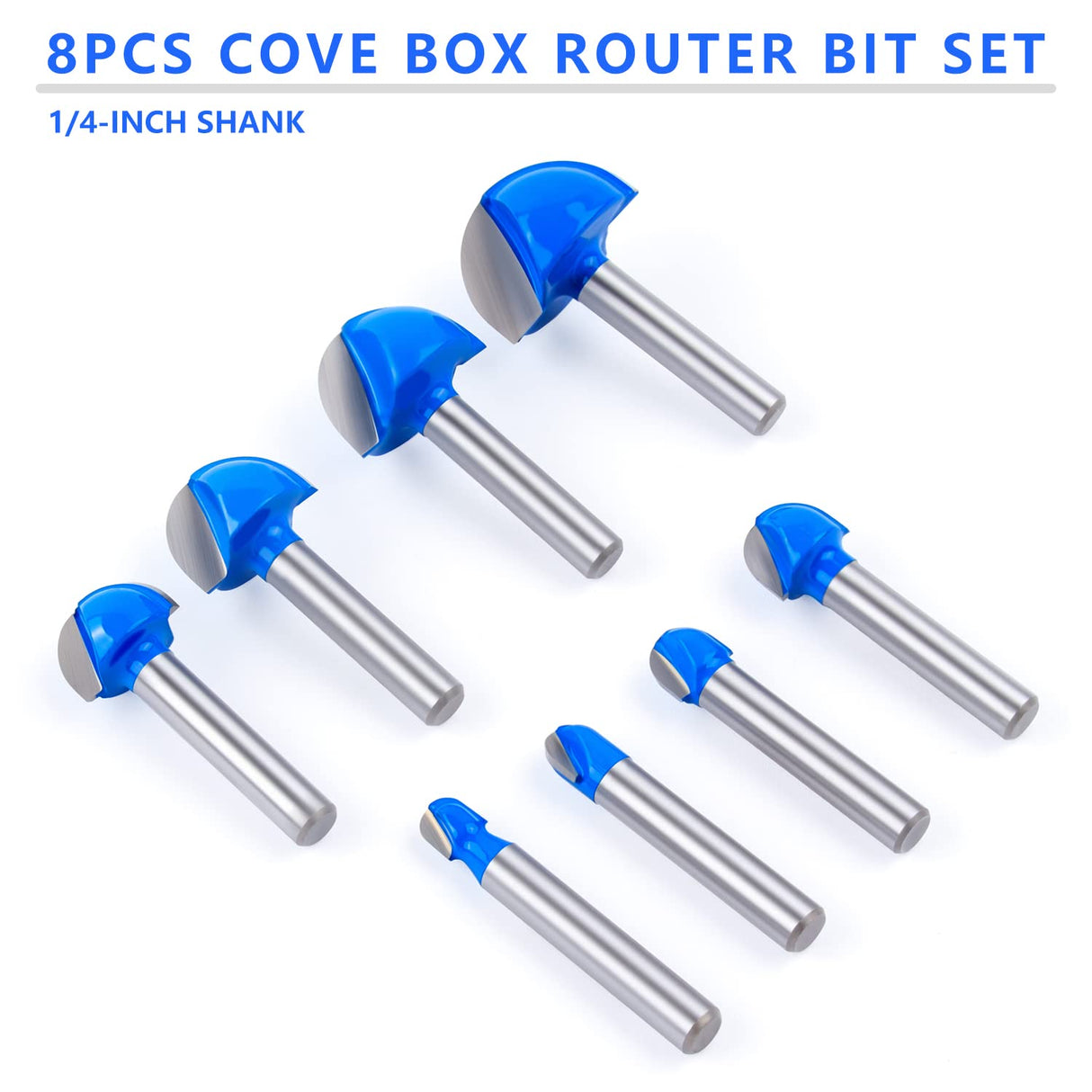 Cove Box Router Bit Set ,Newdeli 8Pcs 1/4 Inch Shank Round Nose Router Bit-1/4" 5/16" 3/8" 1/2" 5/8" 3/4" 7/8" 1" Cutting Diameter, Solid Carbide Double Flute Cove Box Round Nose Woodworking Tool Newdeli