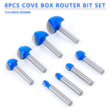 Cove Box Router Bit Set ,Newdeli 8Pcs 1/4 Inch Shank Round Nose Router Bit-1/4" 5/16" 3/8" 1/2" 5/8" 3/4" 7/8" 1" Cutting Diameter, Solid Carbide Double Flute Cove Box Round Nose Woodworking Tool Newdeli