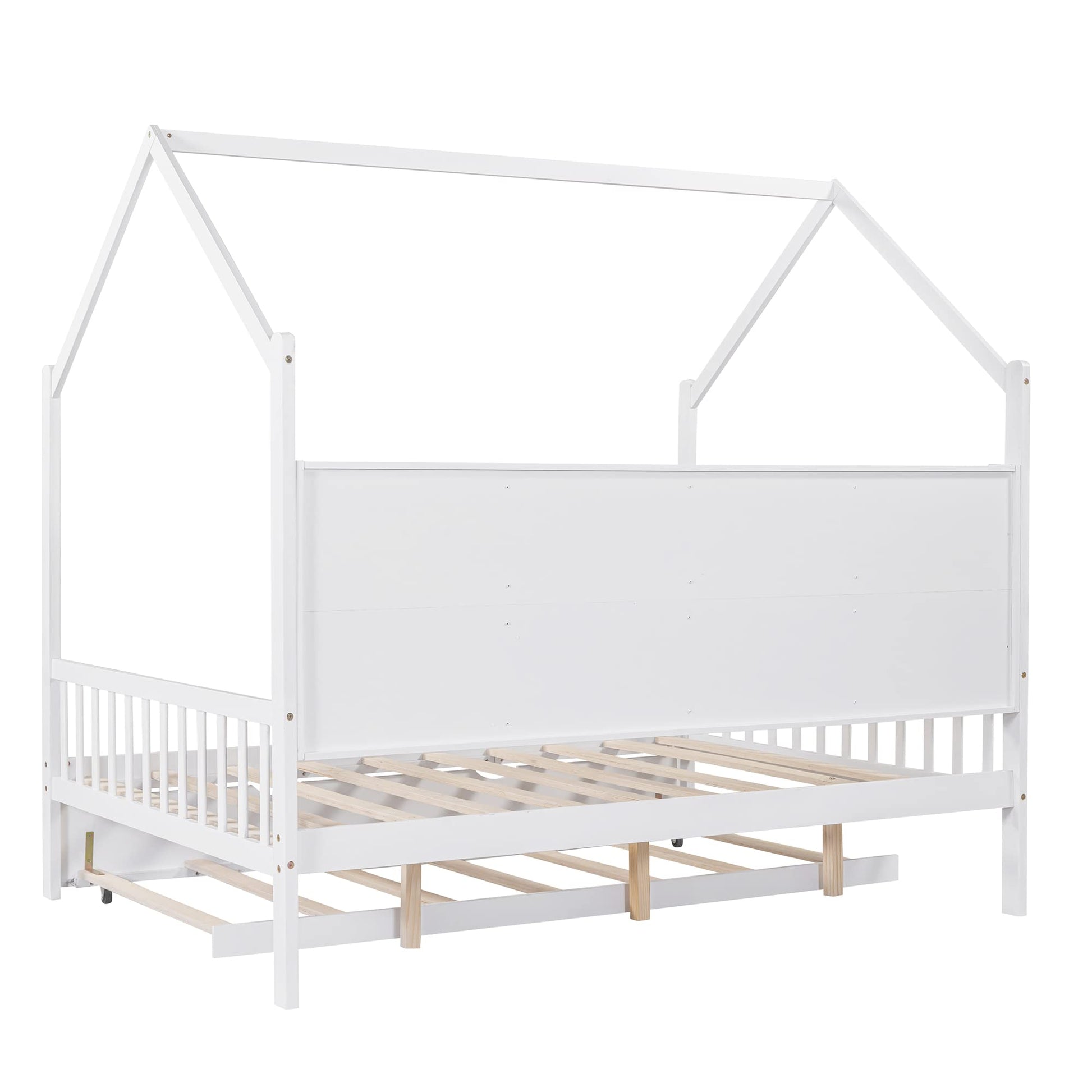 Merax White Full Size Wooden House Bed with Trundle & Shelf for Kids - WoodArtSupply