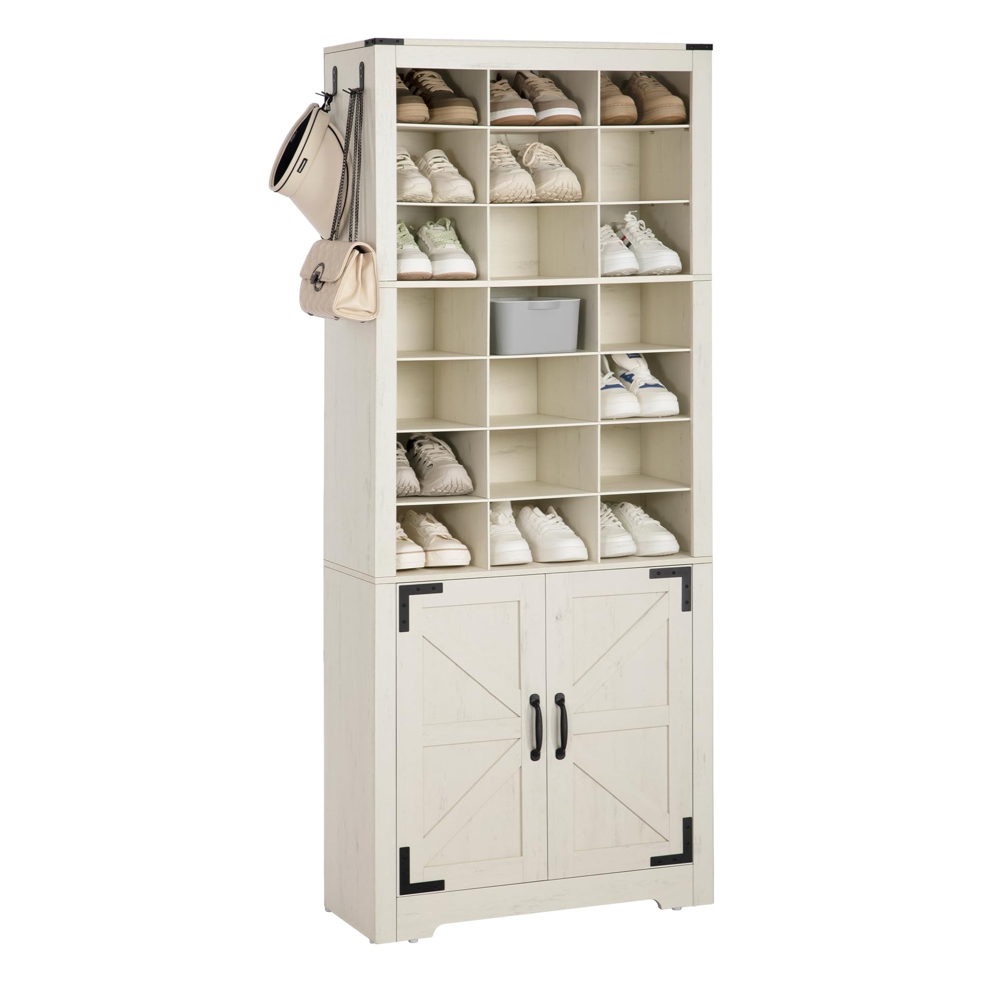 Hzuaneri Shoe Storage Cabinet with Doors, 30 Pairs Free Standing Closet Organizer, 8.8" Widened Cell Wood Shoe Shelves, 10 Tiers Vertical Shoe Rack for Entryway, Bedroom, Rustic White SR20914 - WoodArtSupply