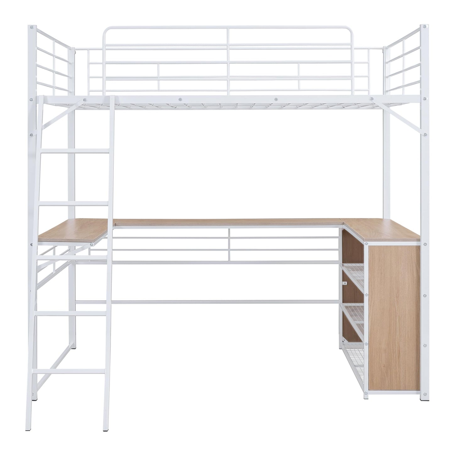 Metal Full Size Loft Bed with L-Shaped Desk,Heavy Duty Loft Bed with 3 Tier Shelves for Kids Teens Adults,Loft Bed Full Size with Storage, High Loft Bed Frame, Space Saving,White