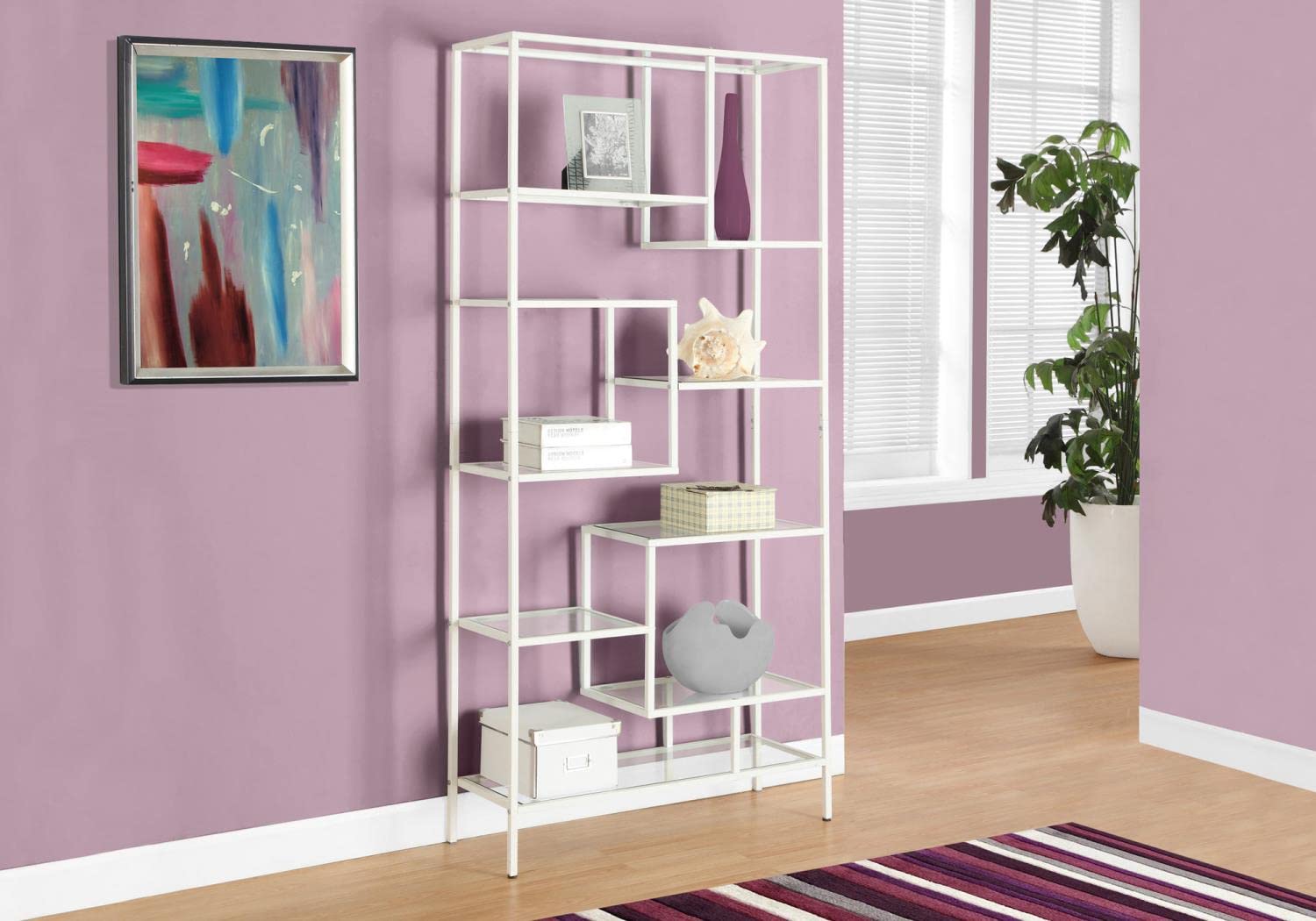 Contemporary White Metal Bookcase with Clear Tempered Glass Shelves - Monarch Specialties 7159 - WoodArtSupply