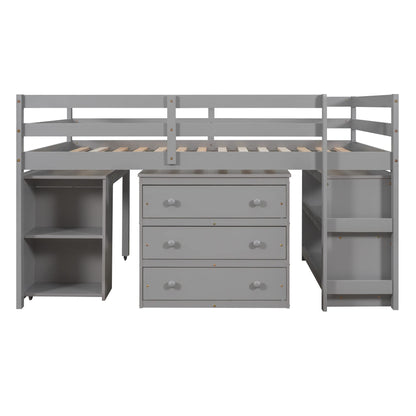 Solid Wood Full-Size Low Loft Bed with Integrated Desk, Cabinet, and Bookshelf in Pure Gray - WoodArtSupply