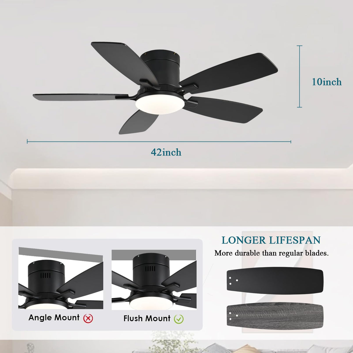 Ayaoty Ceiling Fans with Lights, 42 inch Low Profile Ceiling Fan with Light and Remote Control, Flush Mount, Reversible Motor, Dimmable, Noiseless, Black Ceiling Fan for Bedroom, Indoor/Outdoor Use Ayaoty