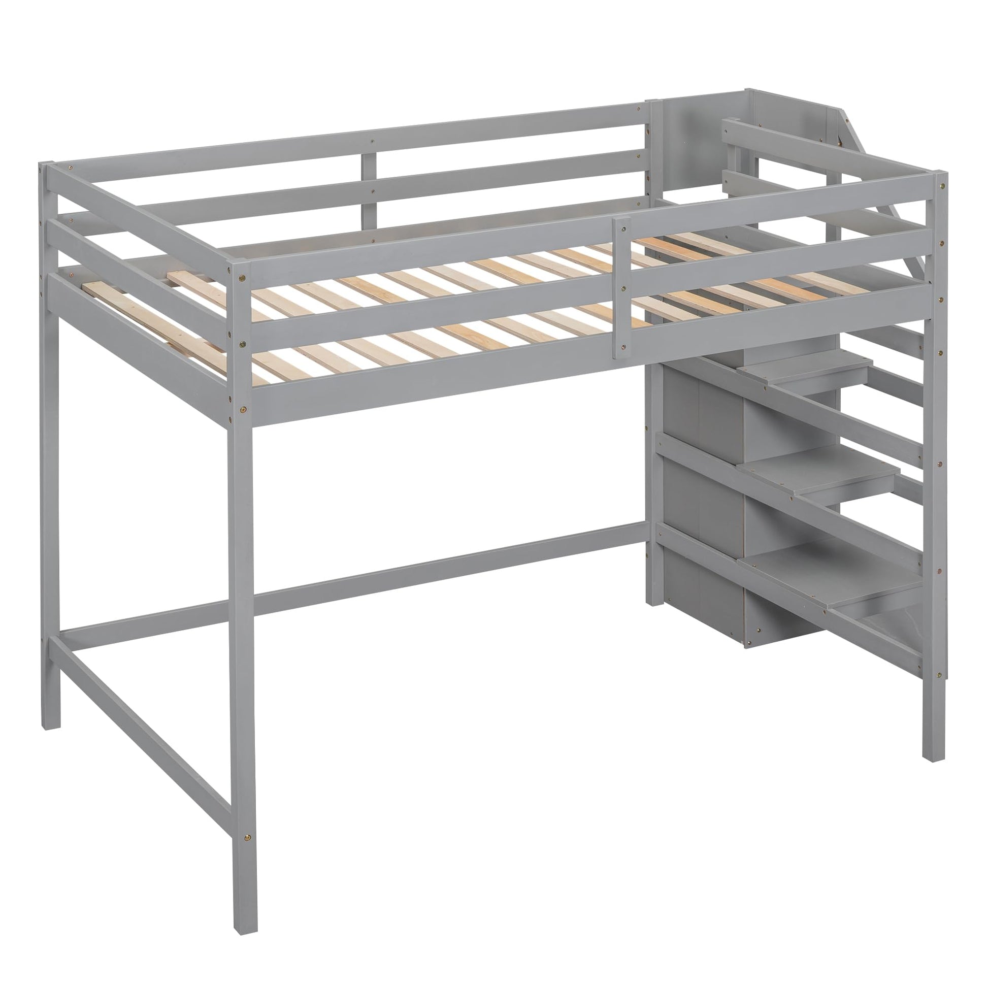 Harper & Bright Designs Grey Full Loft Bed with Staircase, Wardrobe, and Storage Shelf for Kids and Teens - WoodArtSupply