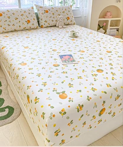 100% Cotton Fitted Sheet with Elastic Band +2pc Pillowcases Orange Fruit Print Double Queen Cal-King Size Mattress Cover for Girls Boys B99A (Queen (U.S. Standard)) Generic