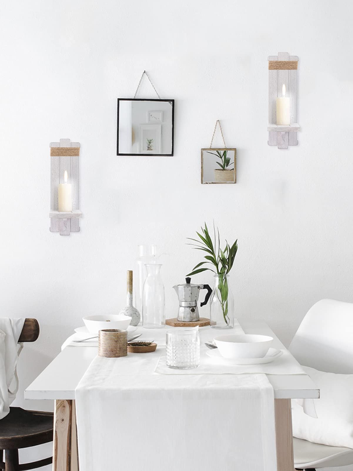 2 PCS Farmhouse Wall Hanging Candle Sconces - Nordic Style Handmade Wooden Wall-Mount Candle Holders Rustic Hanging Wall Sconces for Bedroom Living Room Kitchen Bathroom(Grayish White) Alphatool