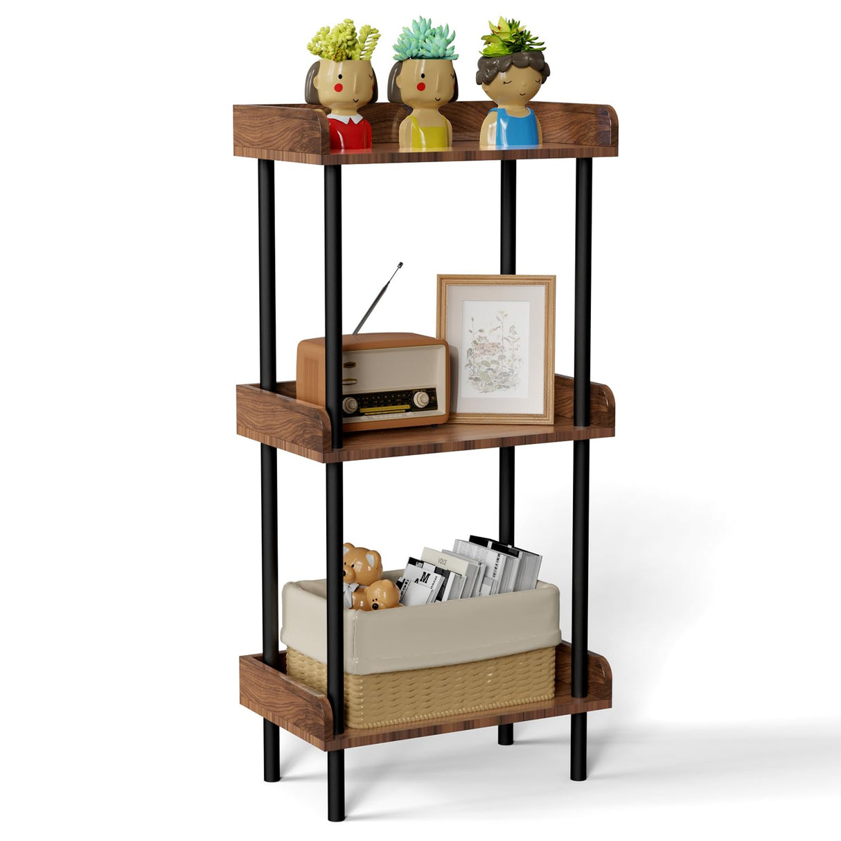 Daiumulti Bookshelf, 3 Tier Bookcase, Industrial Small Book Shelf, Rustic Brown Bookshelf, Metal Display Shelf Storage Organizer for Living Room, Bedroom& Home Office Daiumulti