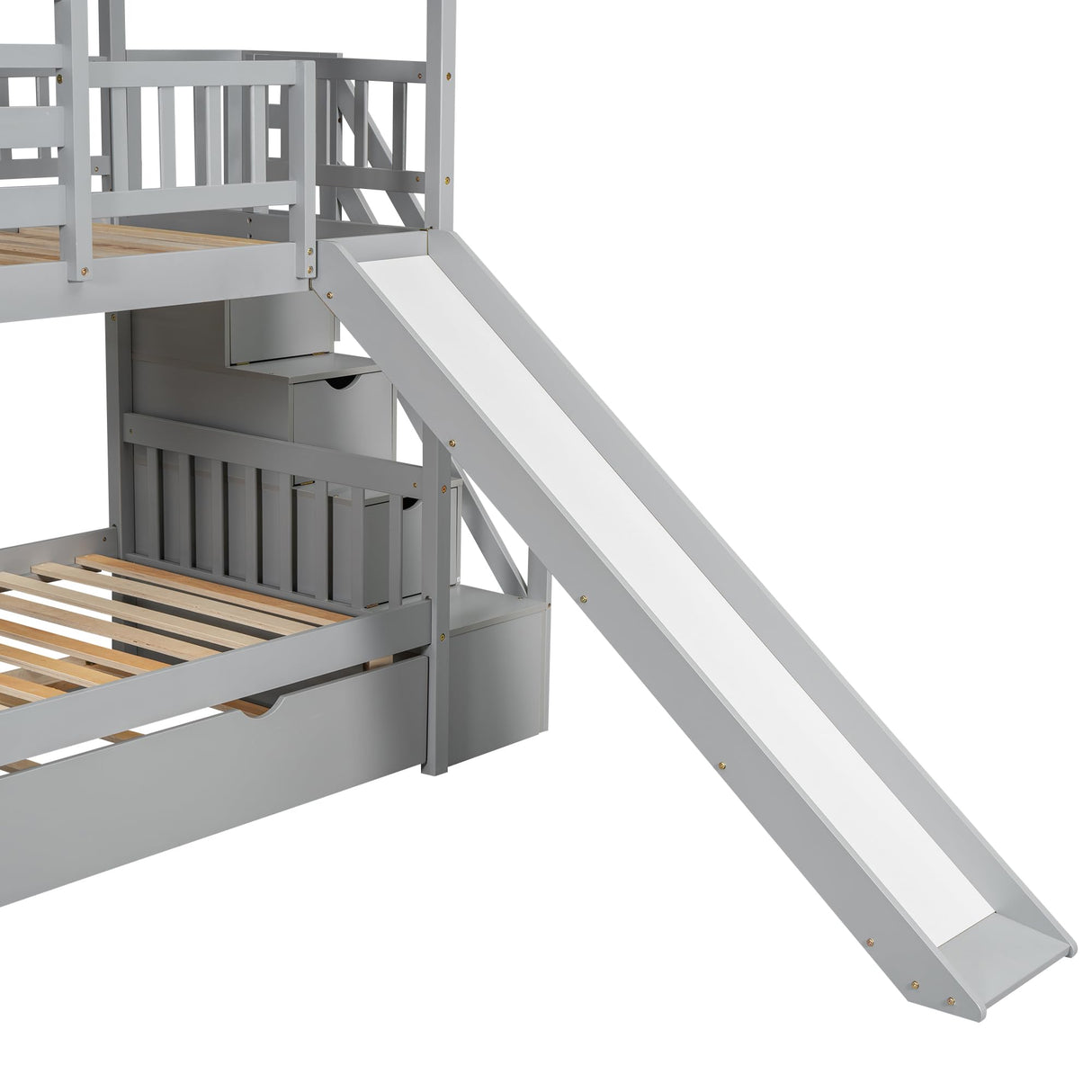 Twin Over Twin House Bunk Bed Frame for Boys Girls Kids Adults Toddler with Trundle and Slide, Storage Staircase, Roof and Window Design, Gray Flieks