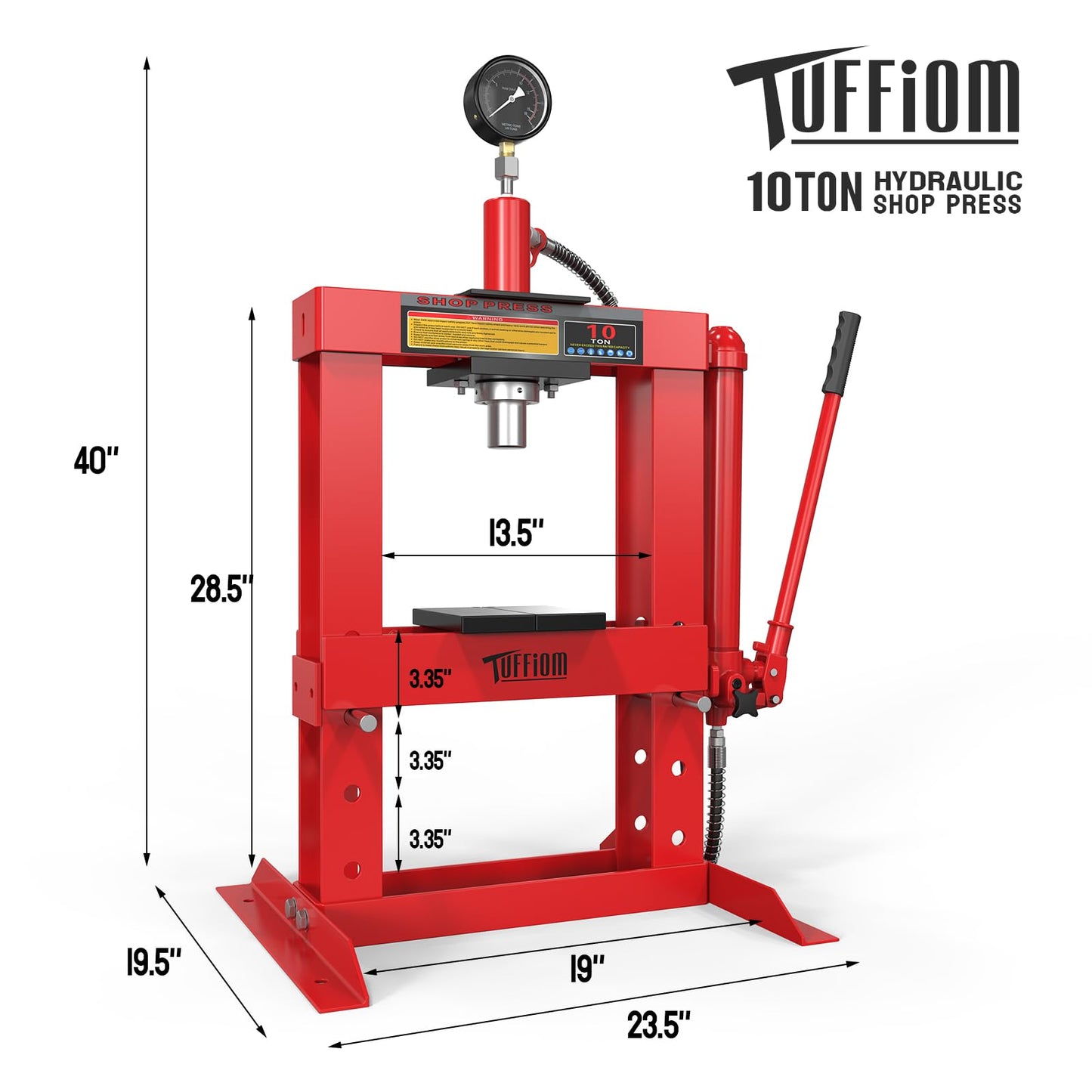 TUFFIOM 10-Ton Hydraulic Shop Press with Pressure Gauge & Press Plates, H-Frame Garage Shop Benchtop Press, Adjustable Working Table Height, Red - WoodArtSupply