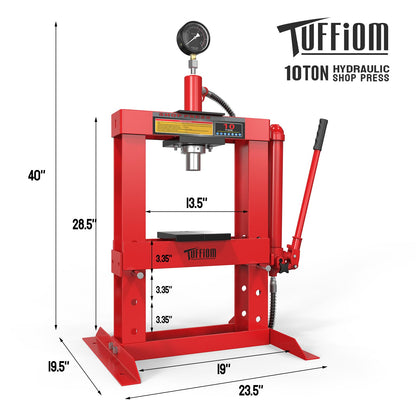 TUFFIOM 10-Ton Hydraulic Shop Press with Pressure Gauge & Press Plates, H-Frame Garage Shop Benchtop Press, Adjustable Working Table Height, Red - WoodArtSupply