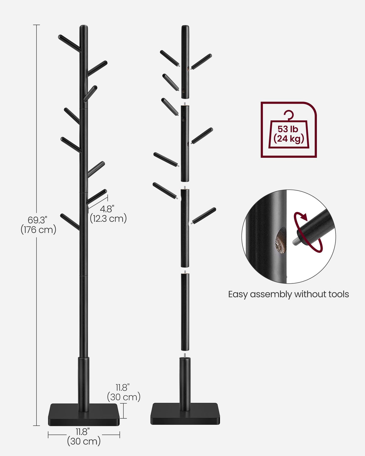 VASAGLE Coat Rack, Solid Wood Coat Stand, Freestanding Hall Tree, 8 Hooks, Ink Black URCR010B01 VASAGLE