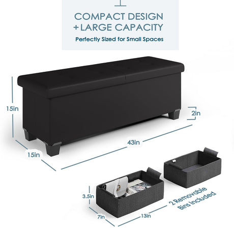 Storage Ottoman Bench with Storage Bins, 43-In Storage Bench for Bedroom End of Bed, Ottoman Foot Rest, Black Ottoman with Storage for Living Room, Bench with Storage Max 660lbs, Faux Leather Ottoman STORAGEBUD