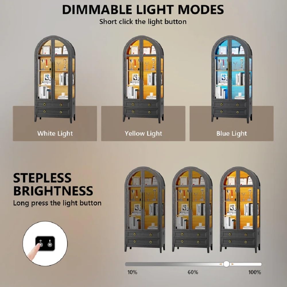 EOAWE Arched Curio Cabinet with Glass Doors, 4-Tier Display Cabinet with 2 Drawers, Tall Bookcase with 3 Color Lights, Display Case, Kitchen Pantry, Black+Wood EOAWE