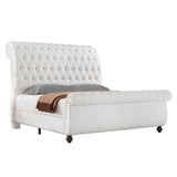 Jocisland King Size Bed Frame, Velvet Upholstered Platform Sleigh Bed with Scroll Headboard & Footboard, Button Tufted, No Box Spring Needed, White Jocisland