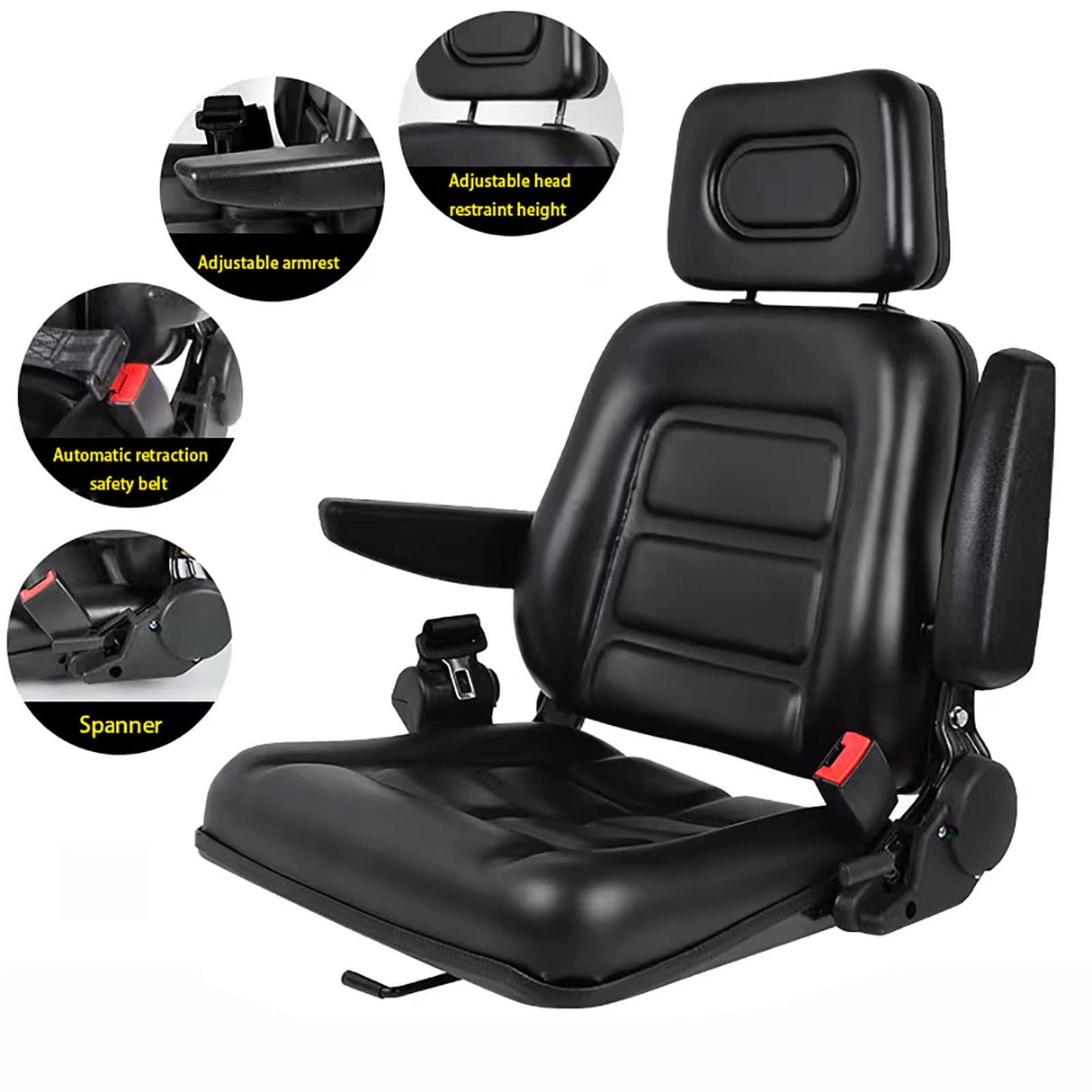 Universal Lawn Mower Seat, Tractor Seat Fold Down with Armrest Headrest Seatbelt, Adjustable Backrest and Slide Rail Waterproof Loader Forklift Seat, for Garden Tractor Bucket Excavator Backhoe Dozer RHFUGBOJ