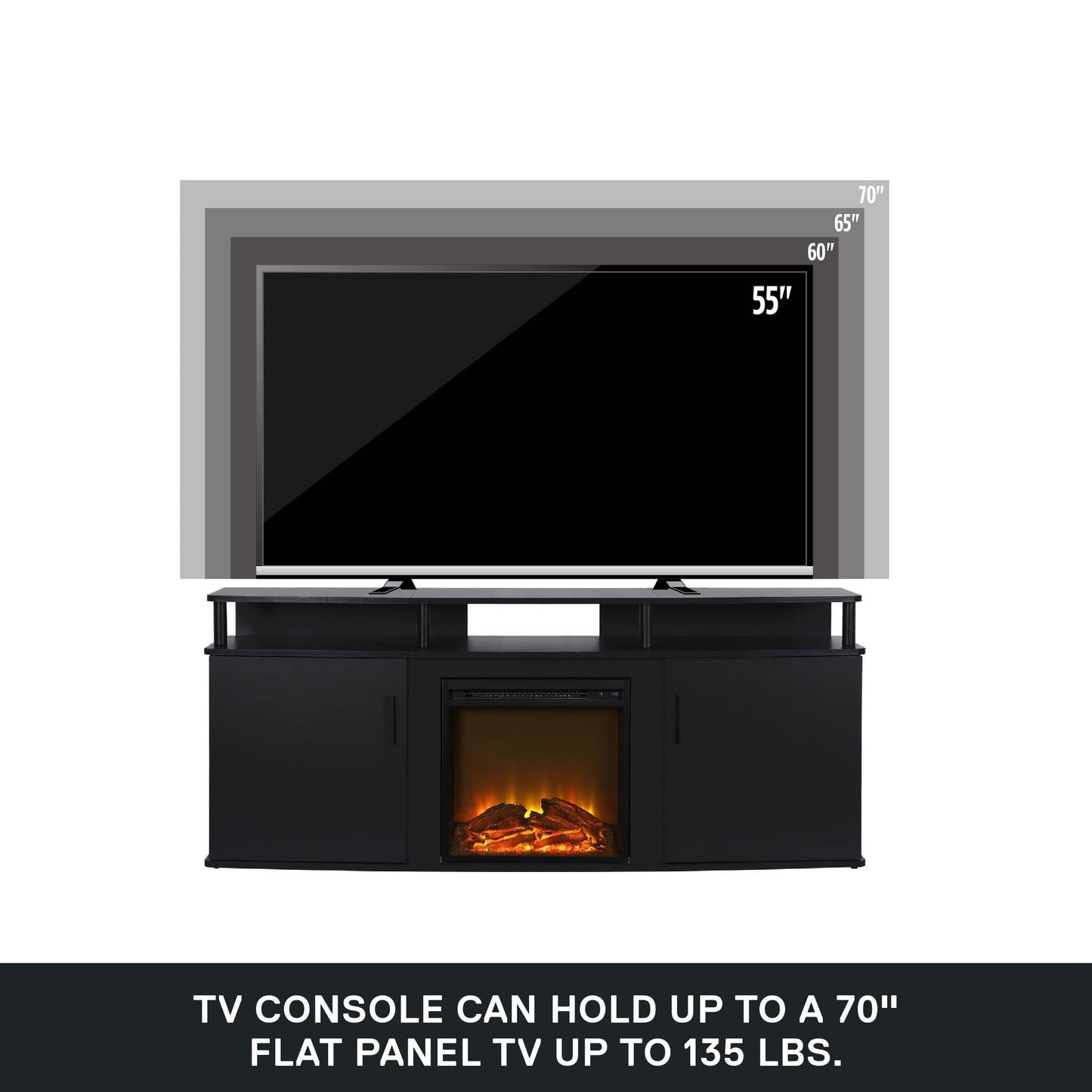 Ameriwood Home Carson Fireplace TV Stand for TVs up to 70 Inch, Replaceable Electric Fireplace Insert Heater, Realistic Log and Flame Effect, For Living Room or Bedroom, Black