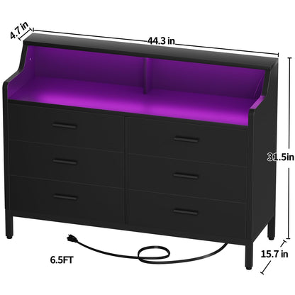 Hyomdeck 6 Drawer Dresser for Bedroom, Wooden Chest of Drawers with Power Outlets and Smart LED Light, Sturdy Modern Bedroom Furniture, Wide Storage Dresser for Living Room, Closet, Entryway, - WoodArtSupply