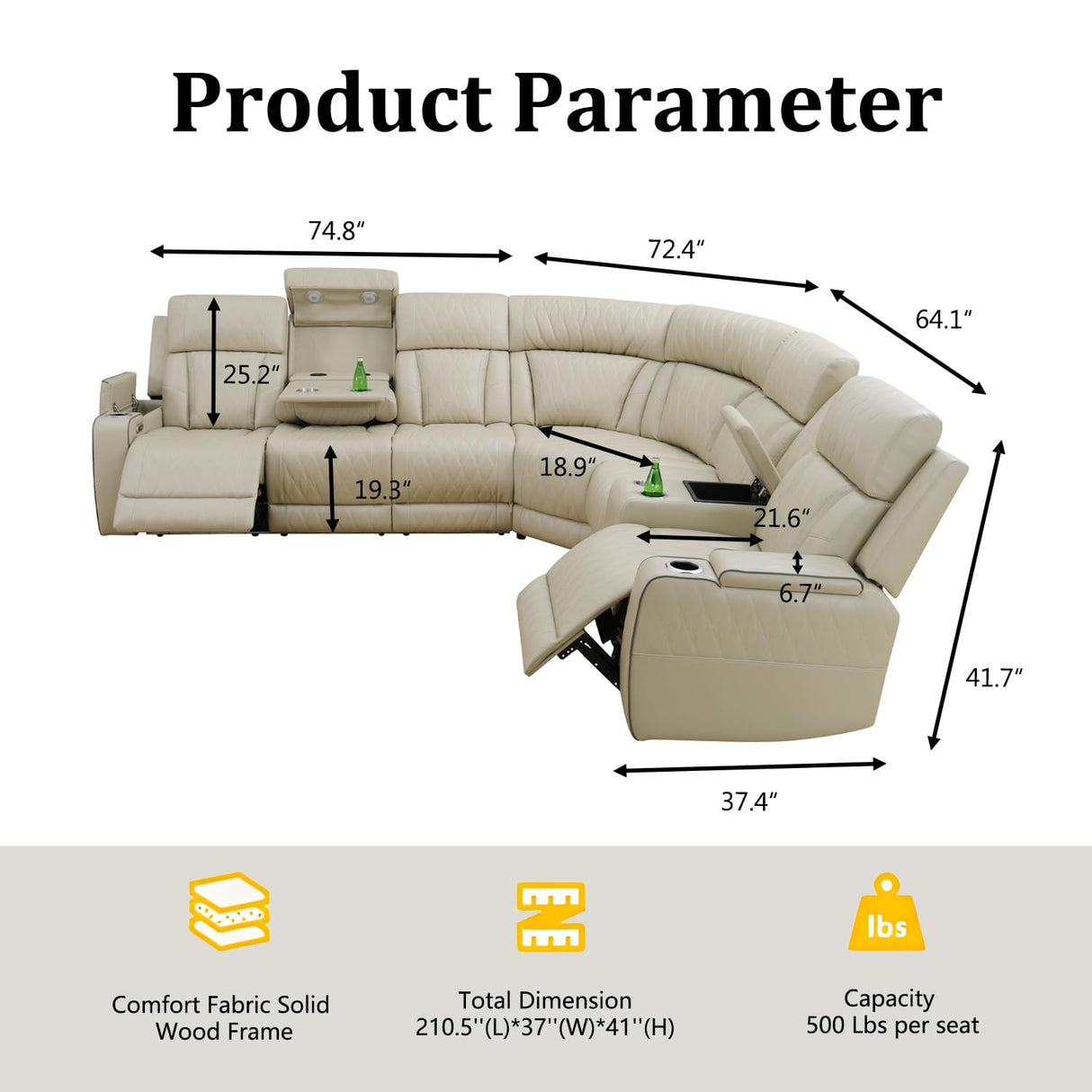 Power Leather Reclining Sofa with LED, Recliner Sectional Couch for Living Room, Reclining Couches with Reading lamp/Wireless Charging/Hide-Away Storage (Beige, Sectional) Pon Living Furniture Inc