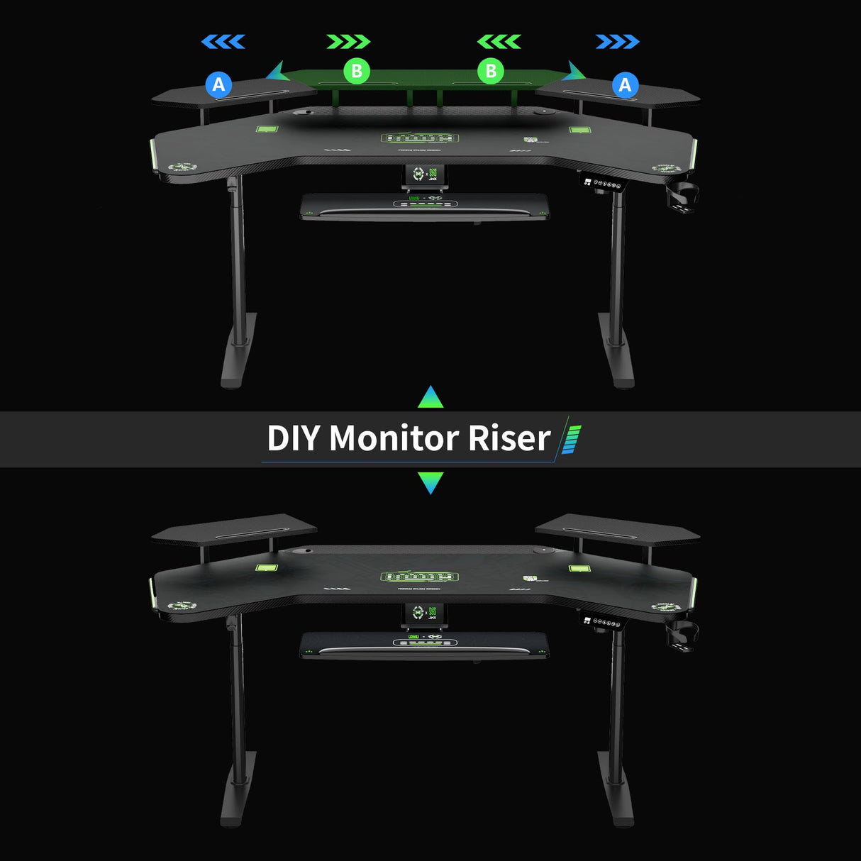 Klobel 63" Standing Gaming Desk with Dual Motor, Wing-Shaped Computer Desk with Full Coverage Mouse Pad, Electric Height Adjustable Standing Desk with RGB LED Lights and Slot Design Shelves Klobel