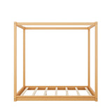 Modern Queen Size 4-Poster Canopy Bed Frame in Natural Wood Finish MWrouqfur